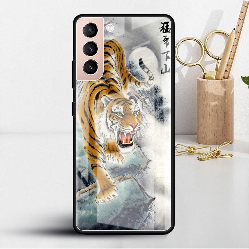 Glass Case For Samsung Galaxy S22 S20 FE S21 5G S10 S9 Plus Note 10 20 Lite Tempered Phone Cover Tiger Crane ART