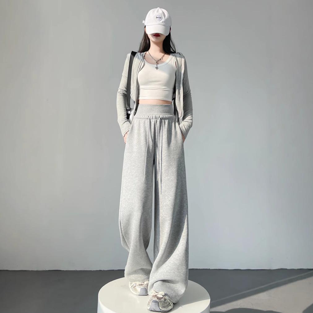 Women's Gray Sports High Waist Hanging Loose Slimming Straight Leg Wide Leg Pants American Sweatpants