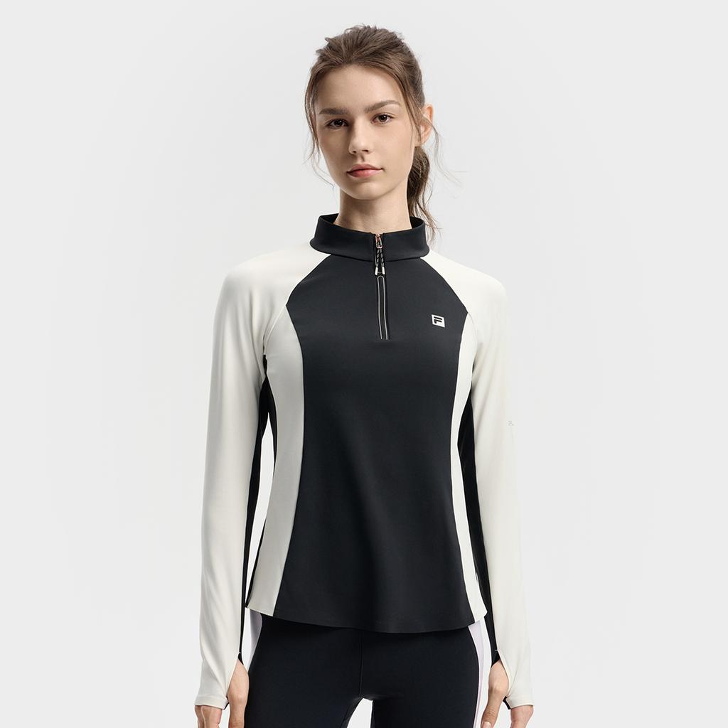 FILA Fitness Casual Simple Versatile Elastic Comfortable Spliced Half-Zip Knitted Long Sleeve T-Shirt Women Tops A11W541205FBK