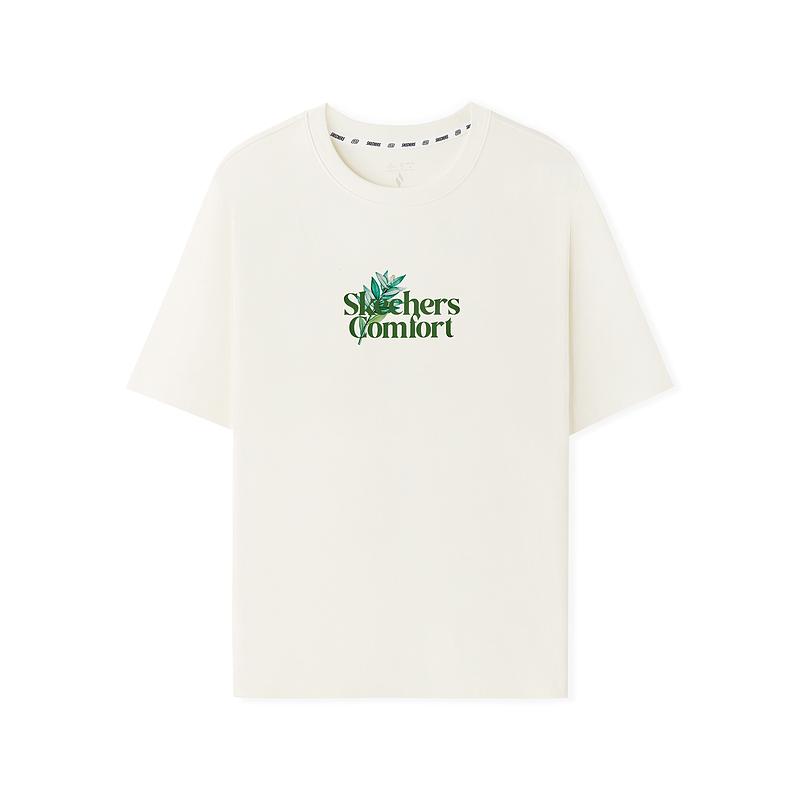 Skechers Fashionable Versatile Floral Letter Short Sleeve T-Shirt Unisex tops Cotton-Candy-White L225U064-0074 S