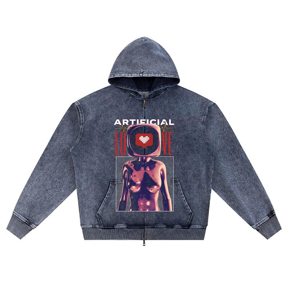 DTG print Knitted Denim Zip-Up Hoodie Artificial Love Brother Print Zipper Hoodies XL