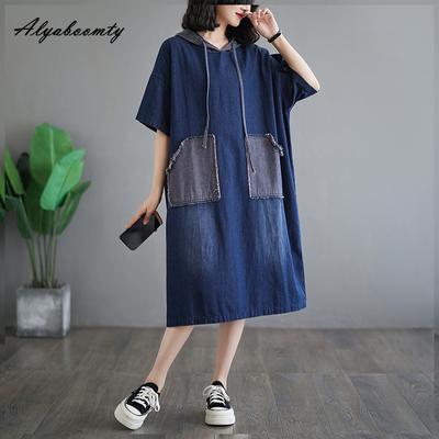Mode coréenne surdimensionné été femmes robe en jean à capuche décontracté lâche lavé coton robe fendue Baggy à manches courtes basique robe de grande taille