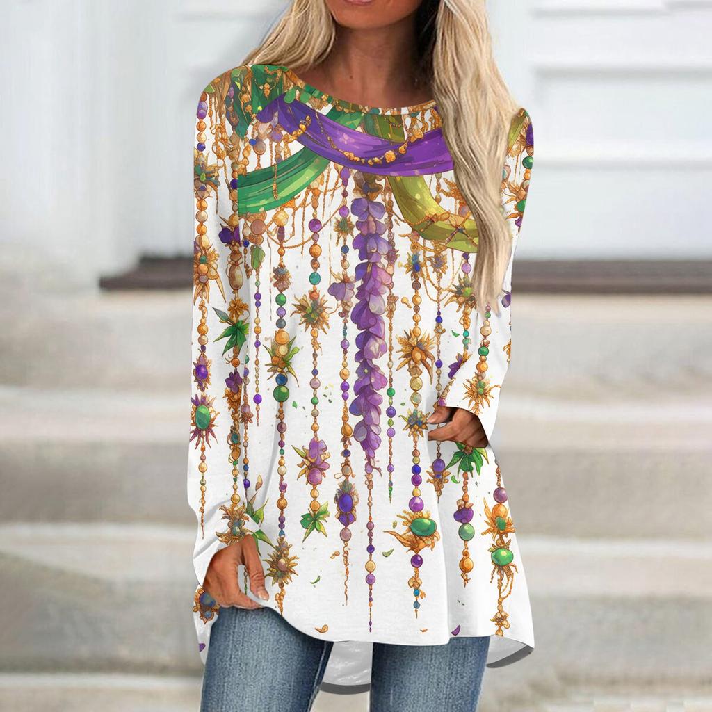 Women's Fashionable Round Neck Raglan Long Sleeved Carnival Printed Casual Pullover Top