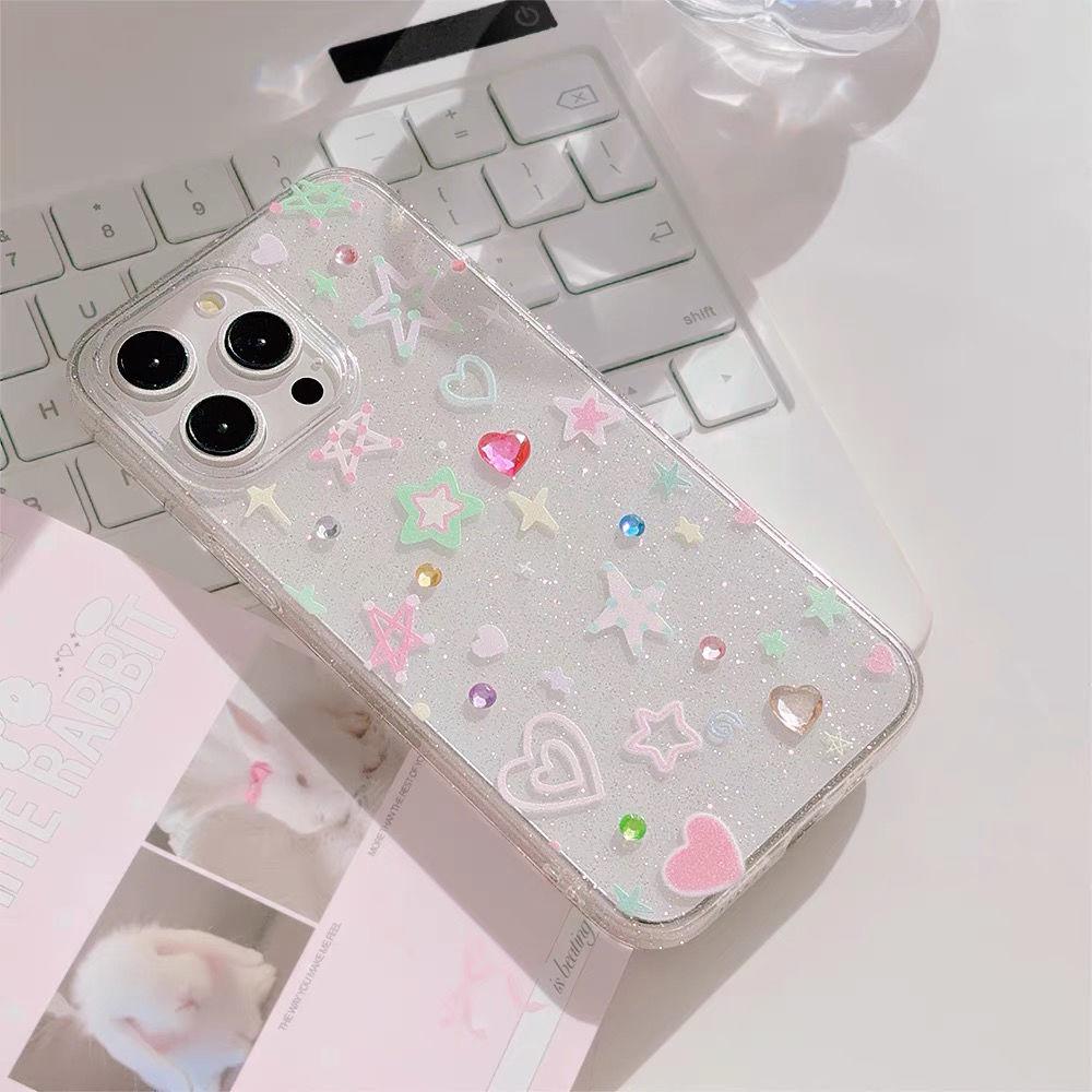 Japan Korean Popular Colorful Cute Star Love Illustration Suitable For IPhone16 15 14 13 12 11 Pro Max 78Plus Fashion INS Shell