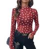 Women Sheer Polka Dot Mesh Half High Neck Long Sleeve Sexy T Shirt Top