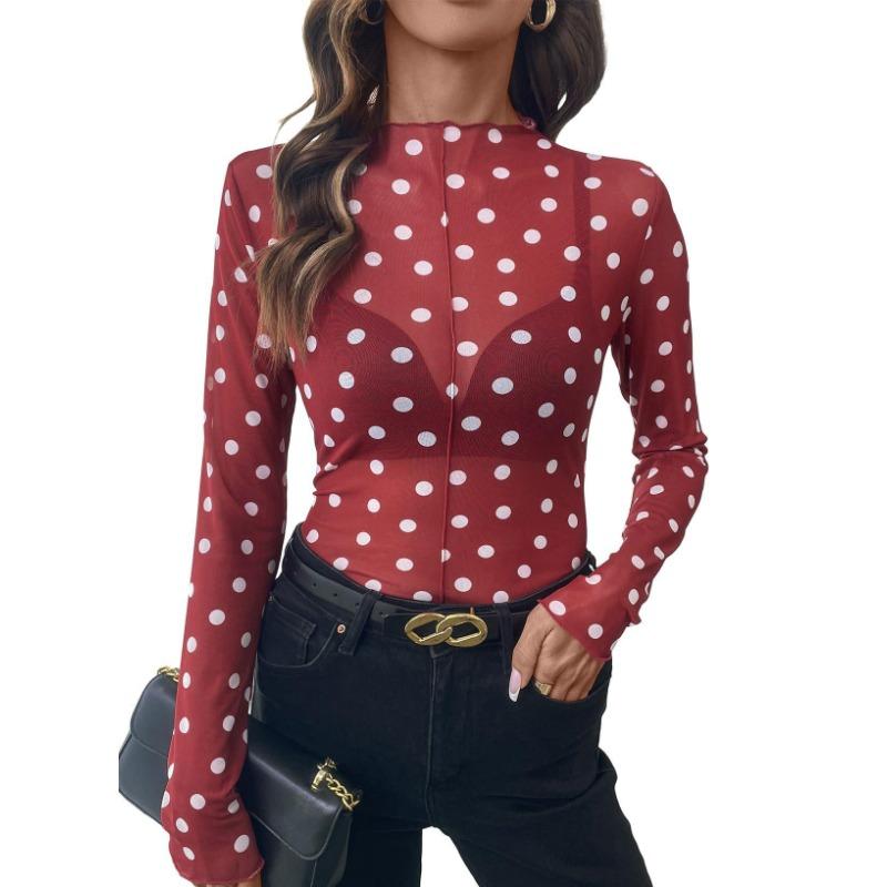 Women Sheer Polka Dot Mesh Half High Neck Long Sleeve Sexy T Shirt Top