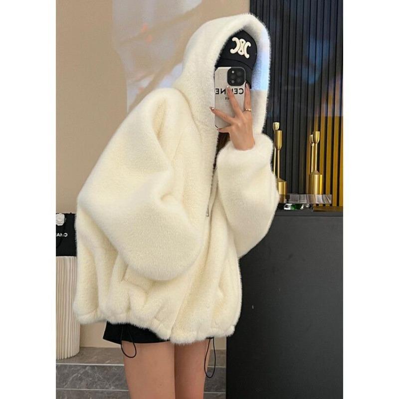 

Новая куртка-свитер-кардиган из искусственного кроличьего меха женская свободная плюшевая кофта с капюшоном хлопковая женская L 110-62.5kg