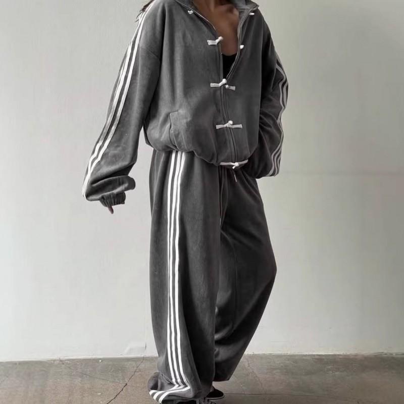 2026 Moda Żaba 3-Paski Dres Zestaw Vintage Kurtka ze Stójką Szerokie Spodnie Dresowe Damskie