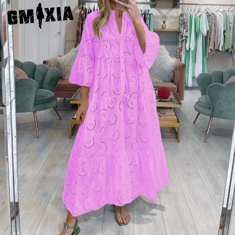 GMXIA 8 Colors S-5XL Women's Fashion Summer Spring Solid Color Print 3/4 Sleeve V-Neck Casual Dresses