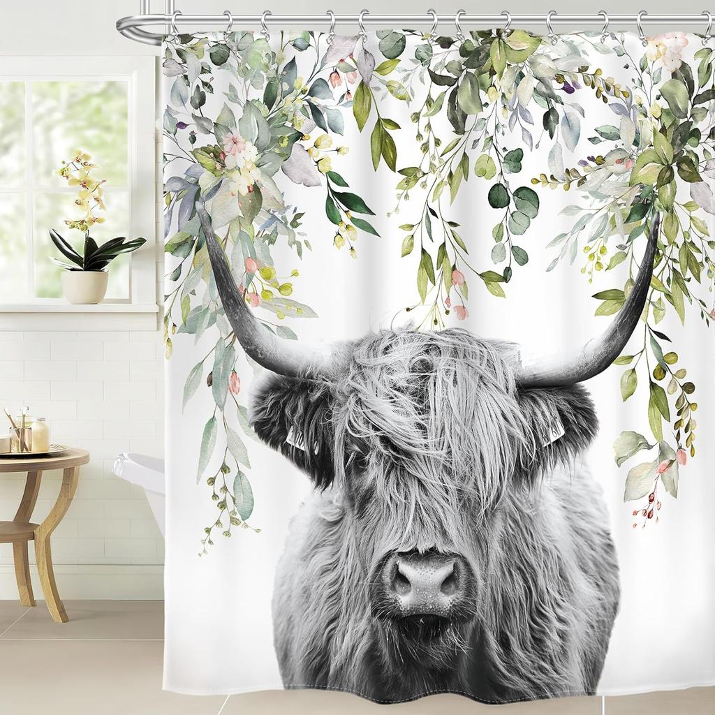 Highland Cow Shower Curtain Rustic Farm Animal Cattle Donkey Pig Chicken Flower Plant Leaves Sunflower Bathroom Decor with Hooks