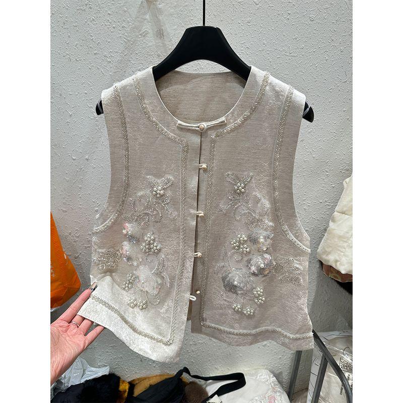 

European Station 2025 Spring New Arrival Machine Embroidery New Chinese Style Buckle Women s Clothing Easiest for Match Fancy Stylish Vest Beige M