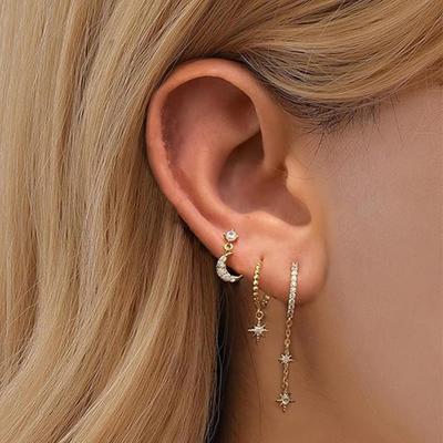 3 Pairs Women Earrings Moon And Star Shape Charm Copper Electroplated Huggie Earrings Rhinestone Lady Studs Prom Party Dating Ear Jewelry