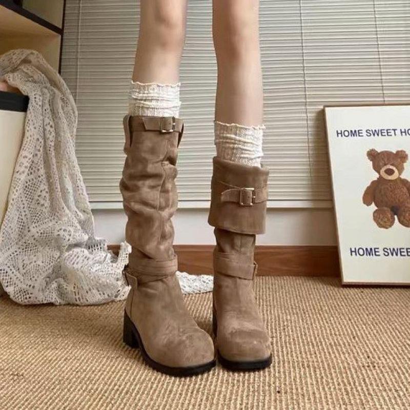 Vintage Slouch Boots Western Cowboy Boots 2025 Autumn Winter New High Boots Internet Celebrity Small Stature Long Boots
