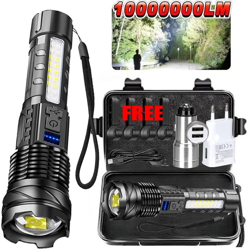 High Powerful LED Flashlight Rechargeable Waterproof Torch with Side Light 7 Modes Zoomable Lamp for Camping Fishing Lantern
