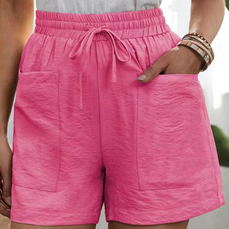 Womens Solid Color Casual Drawstring Shorts Elastic High Waist Pockets Loose Fit Summer Shorts
