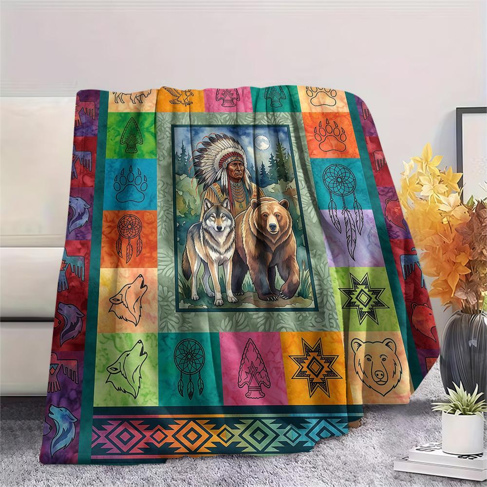 1Pc Indian Chief Elephant Print Flannel Blanket High Quality Warm Comfortable Cover for All Seasons Perfect for Gifts Home Decor
