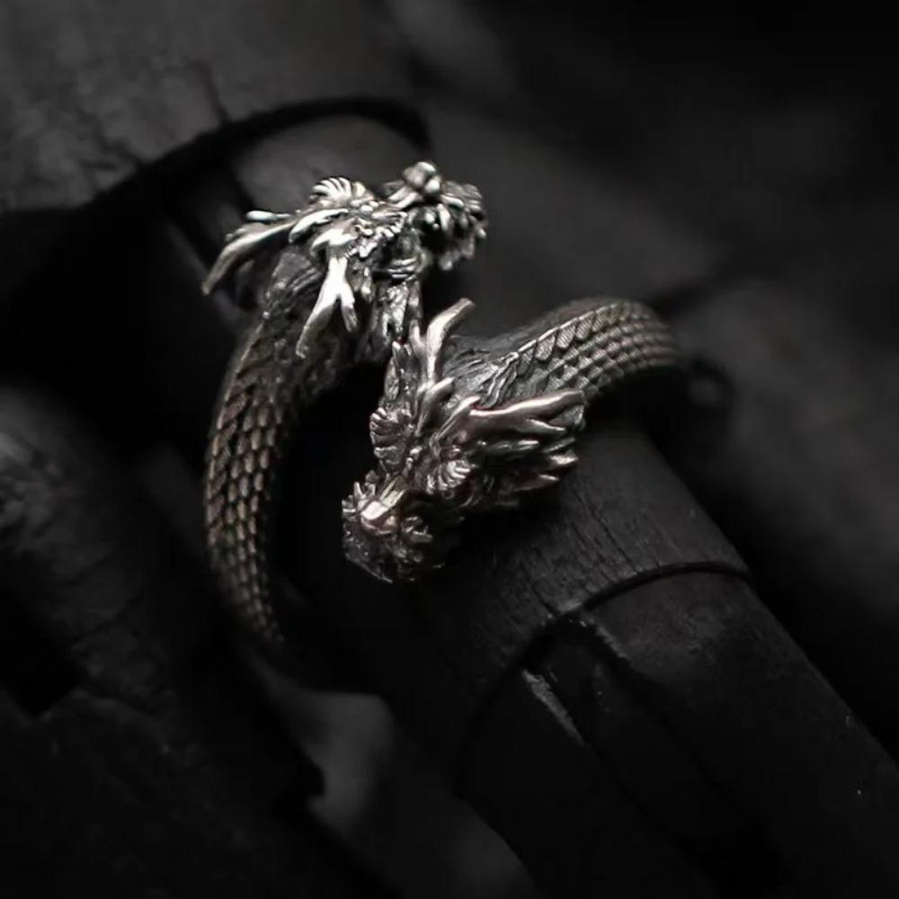 Nuevo Anillo Retro Personalizado Dominante de Dragón de Dos Cabezas para Hombres y Mujeres Punk Ajustable Hip Hop Rock Accesorios Simples