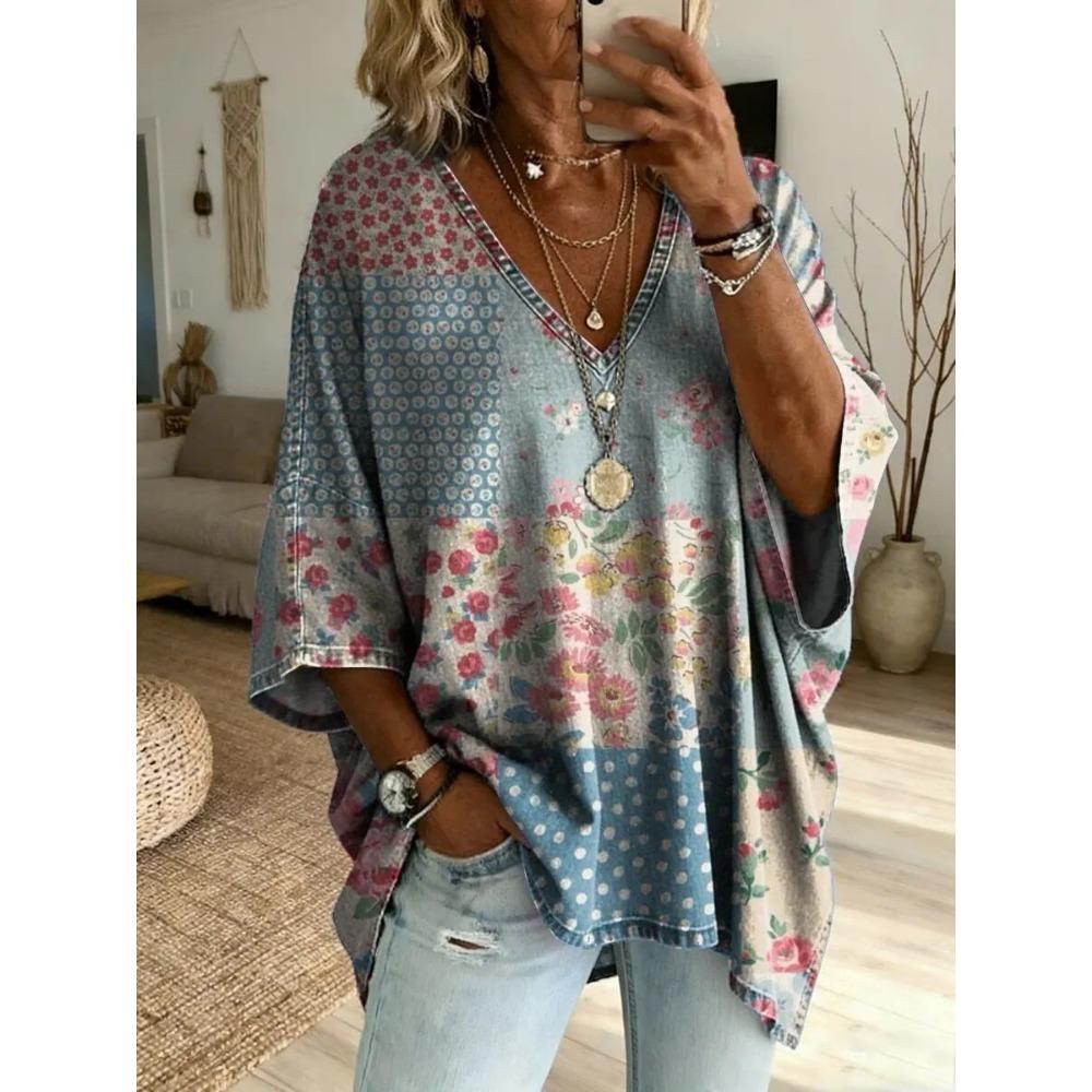 Women's plus size V-neck top, elegant and comfortable simple floral pattern print plus size women's V-neck T-shirt