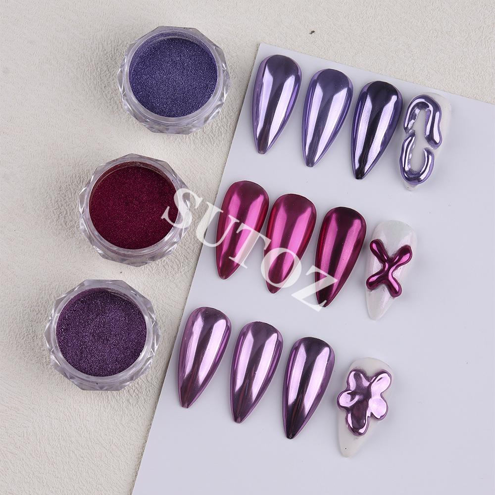 Red 7 Bottles Nail Art Mirror Powder Set - Fine Carving Silver Gloss Iridescent Powder