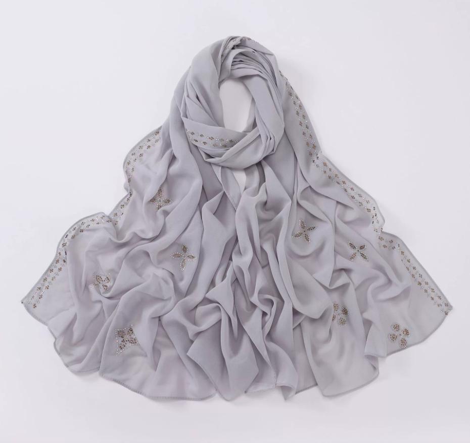 New Chiffon Hijab With Rhinestones Diamonds Scarf Shawls Solid Headscarf Wraps Ramadan Eid Hijabs Glitter Headband Turban