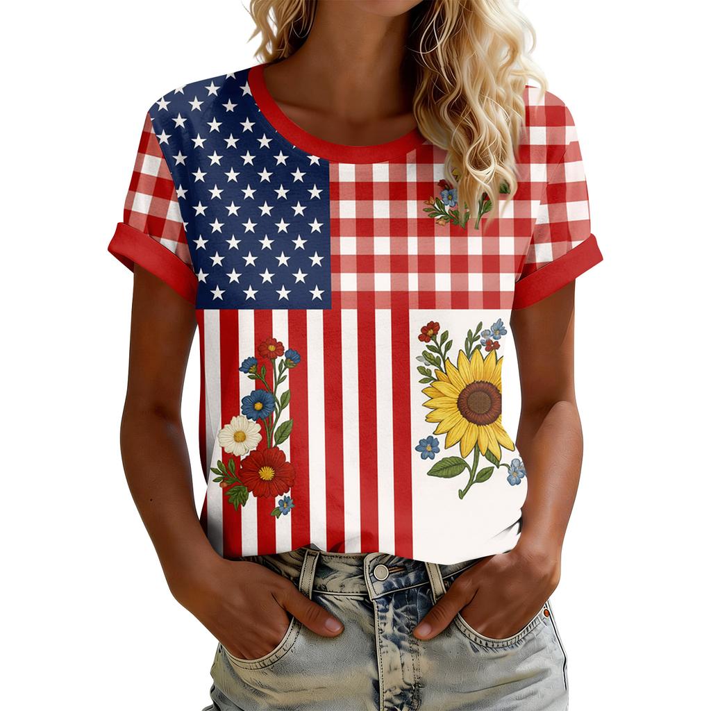 Women's American Floral Patchwork Print Casual T-Shirt 250Th Anniversary USA Shirt Patriotic Tshirt