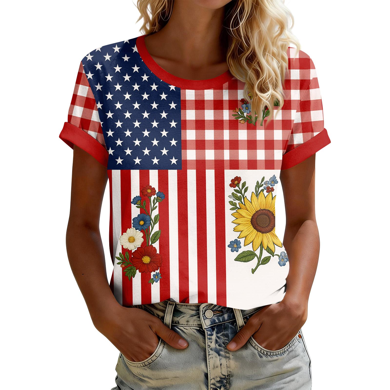 

Women’s Short Sleeve Crew Neck T Shirt with Flag Pattern Plaid and Floral Print Casual Loose Fit Top for Summer Daily Wear L