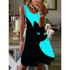 Women's Stylish and Elegant Two-tone Cat Print Tank Top Dress