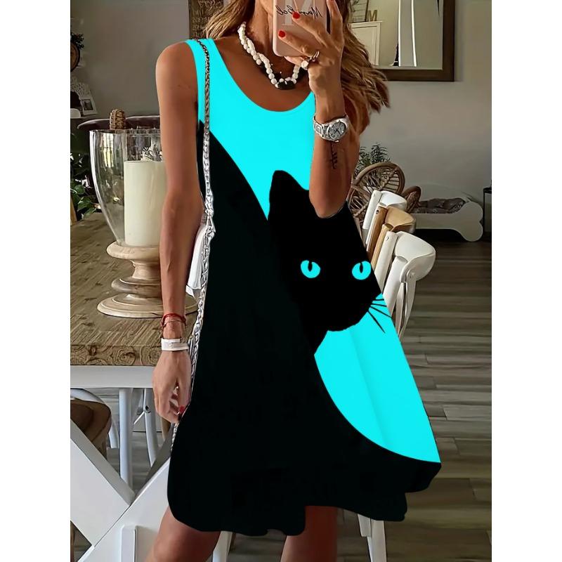 Women's Stylish and Elegant Two-tone Cat Print Tank Top Dress