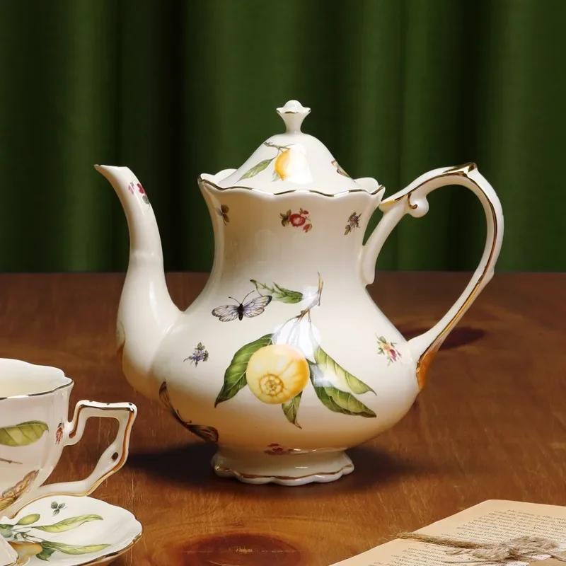 European Ceramics Coffee Cup and Saucer Teapot Elegant Lemon Pattern Creative Afternoon Tea Teaware Set with Dessert Spoon Gift