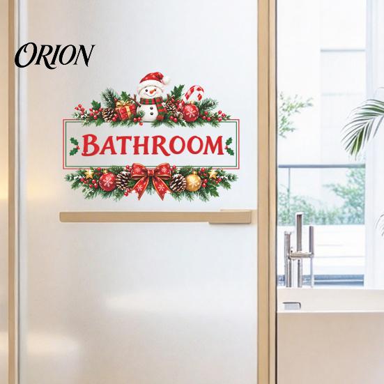Festive Wall Art Christmas Bathroom Door Sticker, Waterproof PVC Decal with Wreath and Snowman Design Holiday Decor for Home Decor, Removable