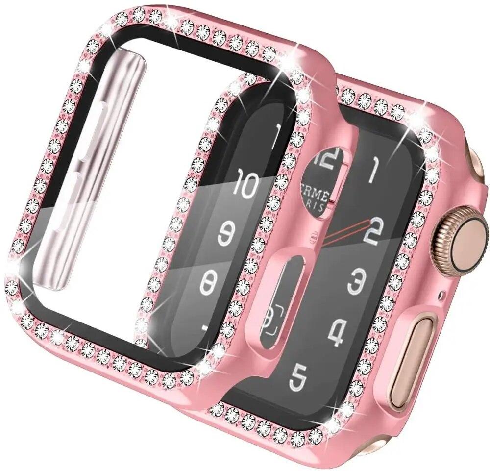 

Стекло + чехол для Apple Watch, чехол 49 мм, 45 мм, 44 мм, 42 мм, 38 мм, бампер, алмазный протектор, аксессуары iWatch series 9, 8, 7, 6, 5, 4, 3, 2 SE, 41 мм, 40 мм 40mm series 654 SE розовый