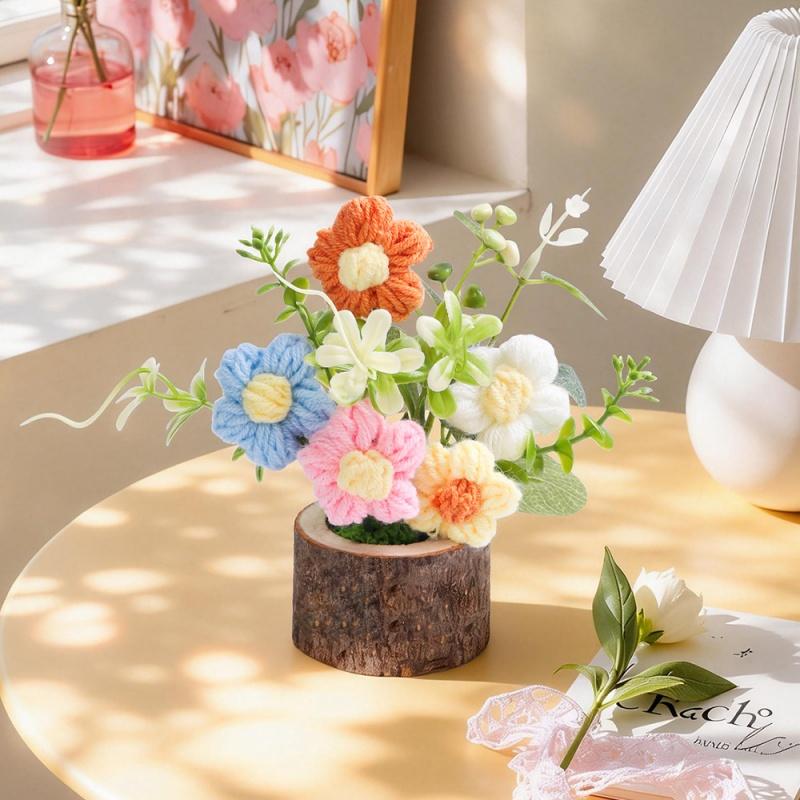 Office Potted Plants Knitted Rose Bouquet Artificial Flower Valentine's Day Party Home Decoration Anniversary Gift Wedding Decor