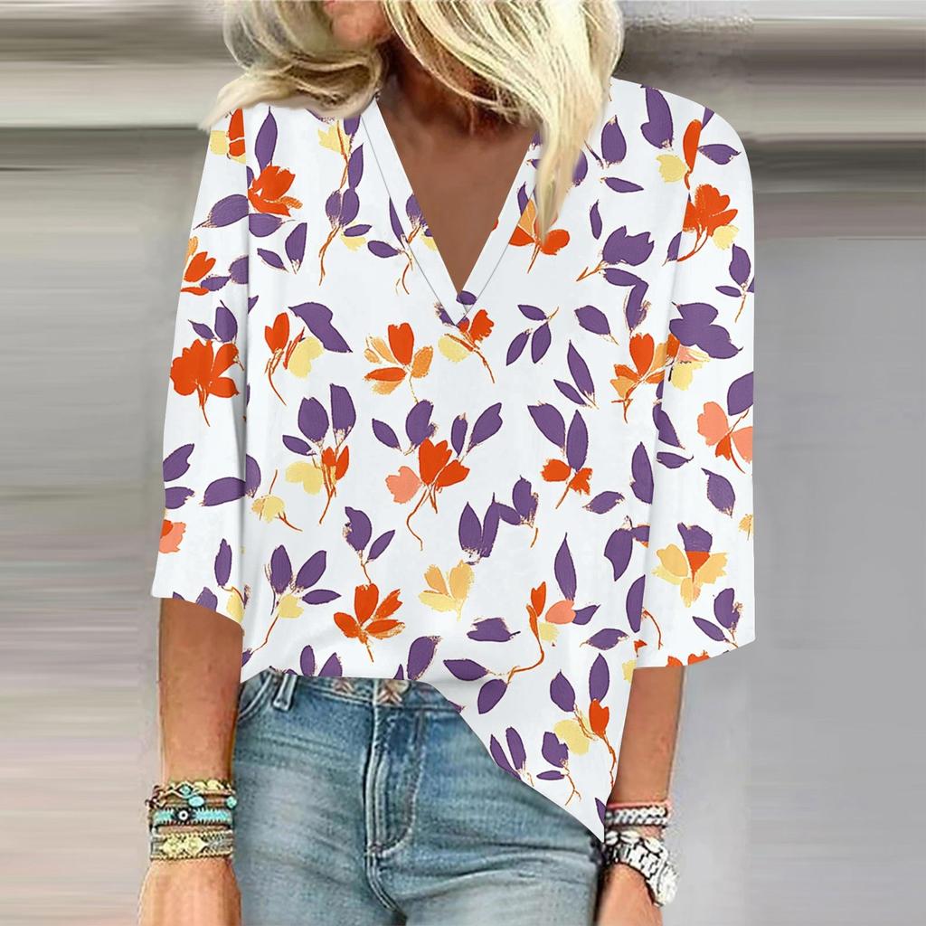 Women's Shirt Blouse Casual Loose Shirts 3/4 Sleeve Print V Neck Tops Print Tops T-shirts Tee