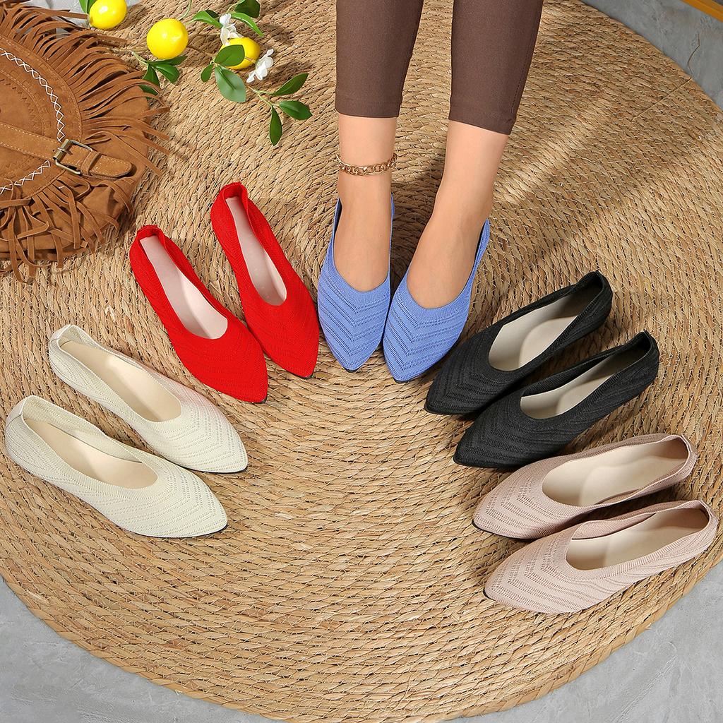 2025 Women's Pointed Toe Flat Shoes Casual Breathable Ballet Flat Sneakers Women Solid Color Knitted Slip On Shoes Loafers Women