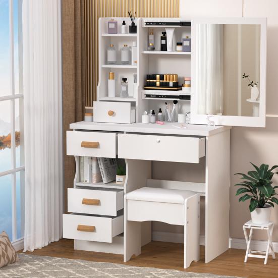 Vanity Desk with Sliding Mirror, Bedroom Dressing Table, Makeup Table with 5 Drawers & Shelves, Hidden Storage Space