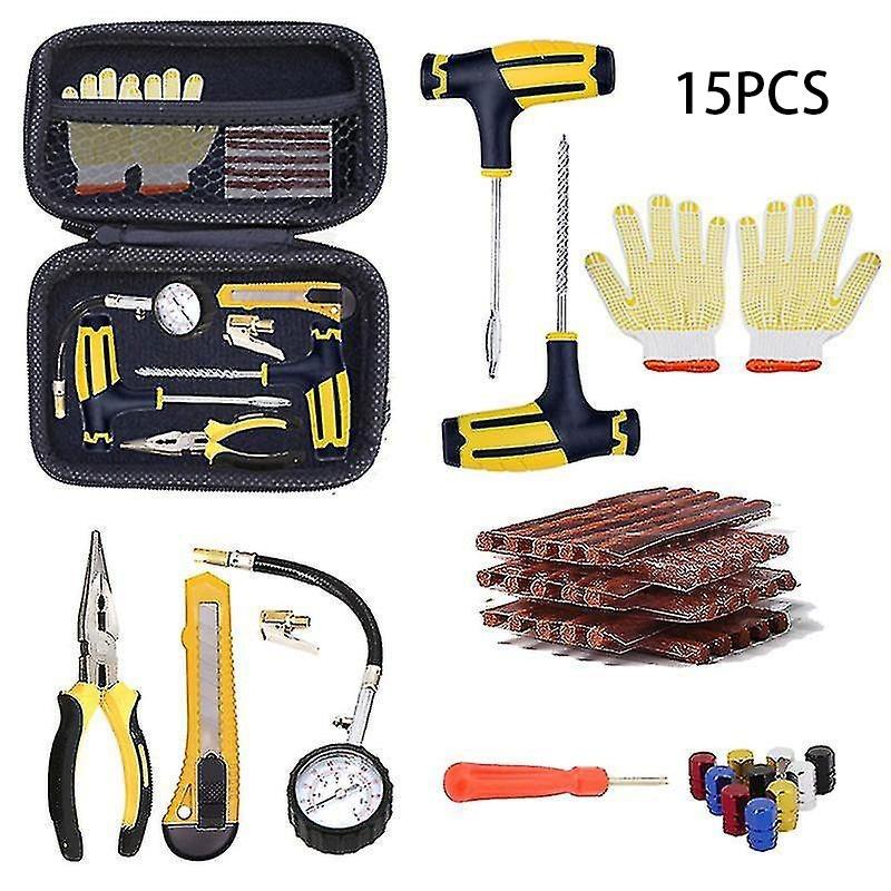 Kit de réparation de pneus crevés avec paquet de mèches de pneu, embouts en acier inoxydable avec poignées durables - Kit de crevaison portable et robuste pour automobile