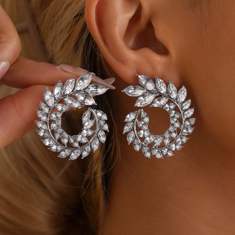 Luxury Full Rhinestone Leaf Stud Earrings For Women Exaggerated Big Circle Round Statement Earrings Wedding Jewelry Gift