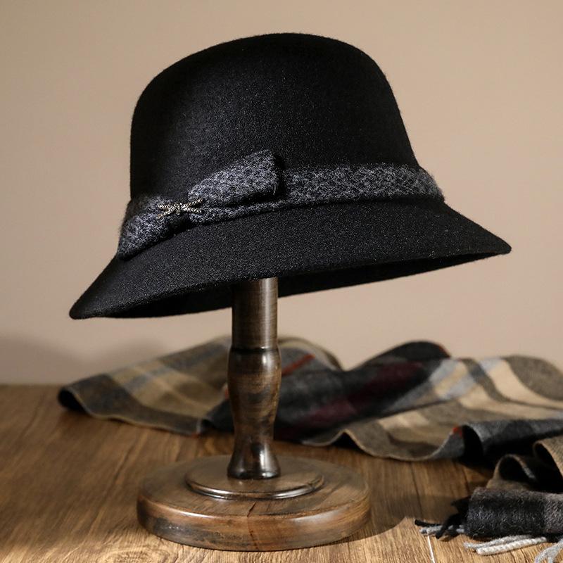 Nowy jesienno-zimowy kapelusz rybacki dla starszych kobiet, dekoracja z węzłem liściowym, damski brytyjski gruby ciepły wełniany kapelusz garnkowy