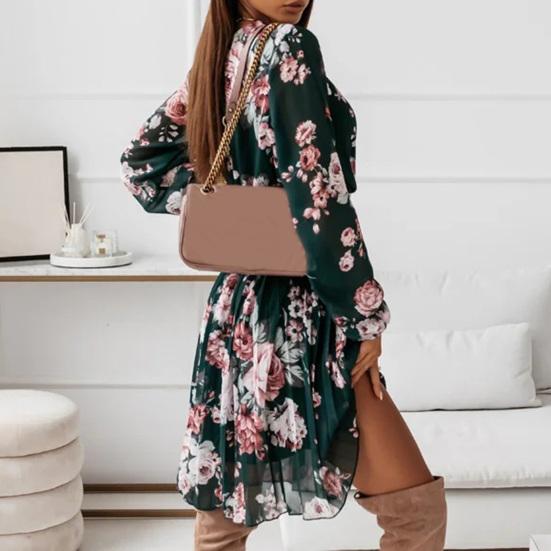 Pleated Flowy Hem Midi Dress Floral Print Sweet Elastic Waist V-Neck Casual