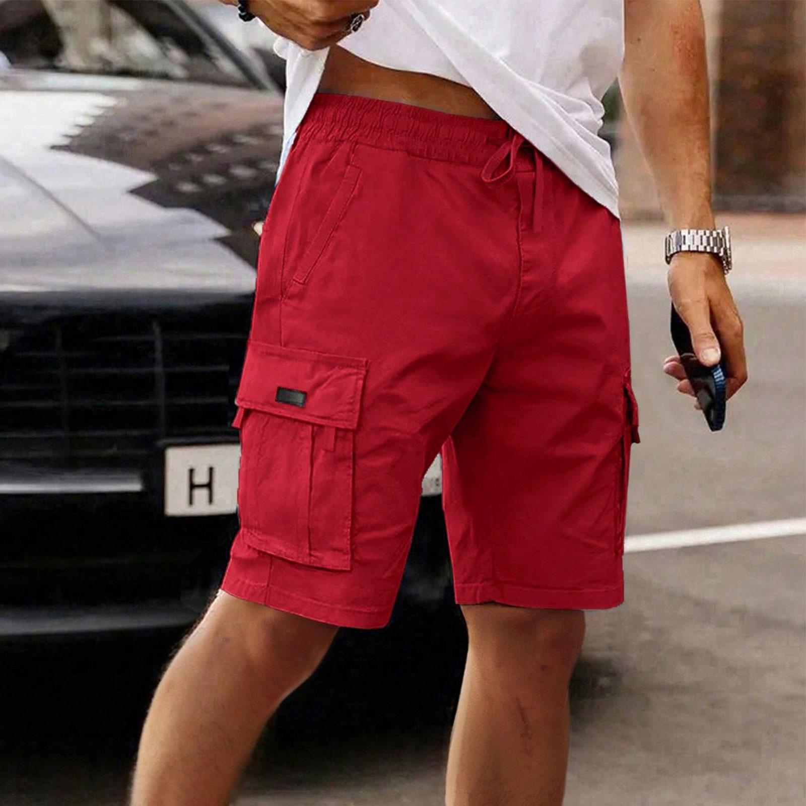 

Мужские шорты карго на резинке со шнурком, повседневные, свободного кроя, однотонные, с шестью карманами L красный