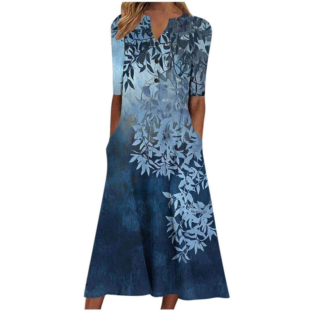 Floral Print V-Neck Mid-Sleeve Casual Dress with Pockets, Button Front, Loose Fit - White/Light Blue/Pink