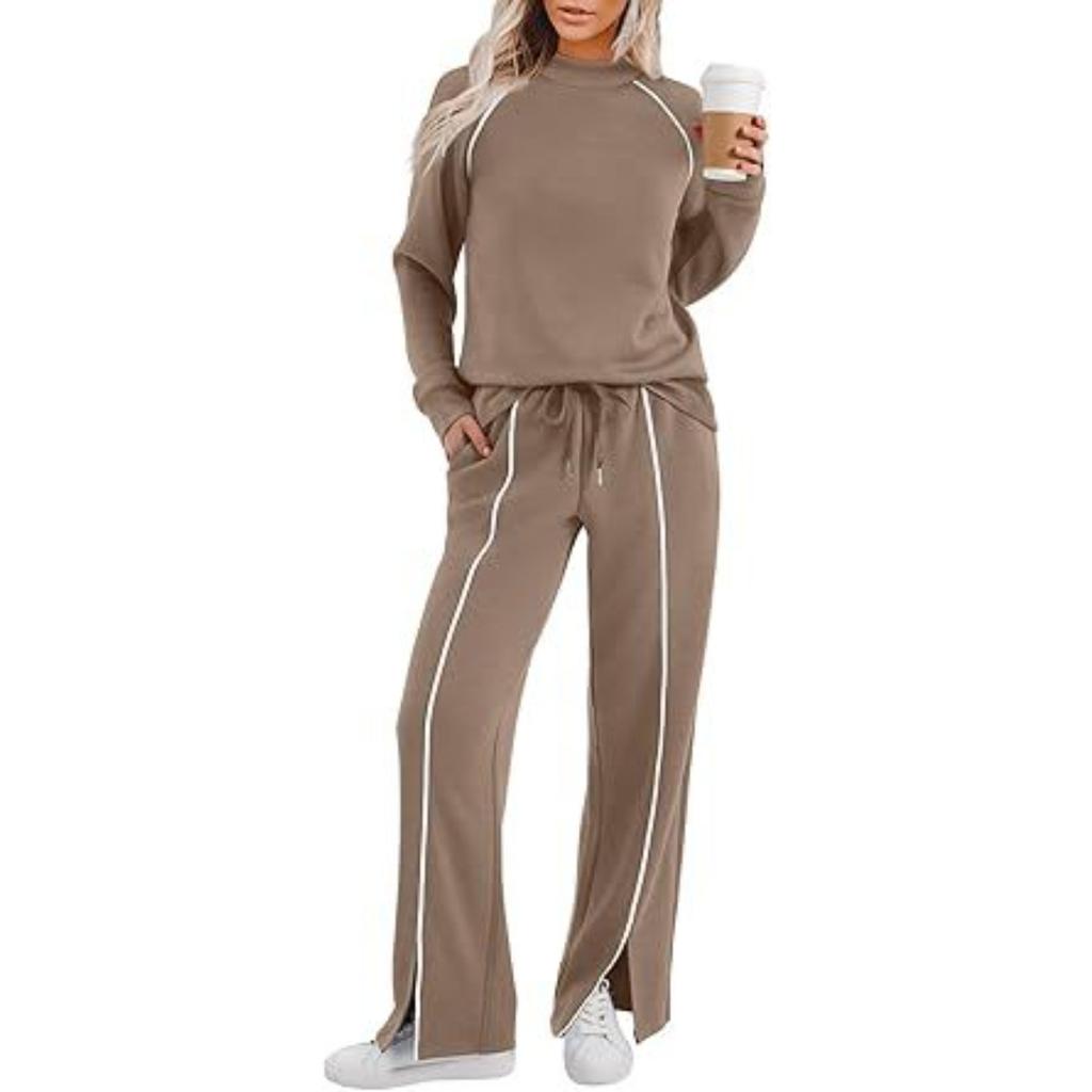 Women's Relaxed Fit Tracksuit Long Sleeve Crew Neck Sweatshirt Drawstring Waist Split Flare Pants