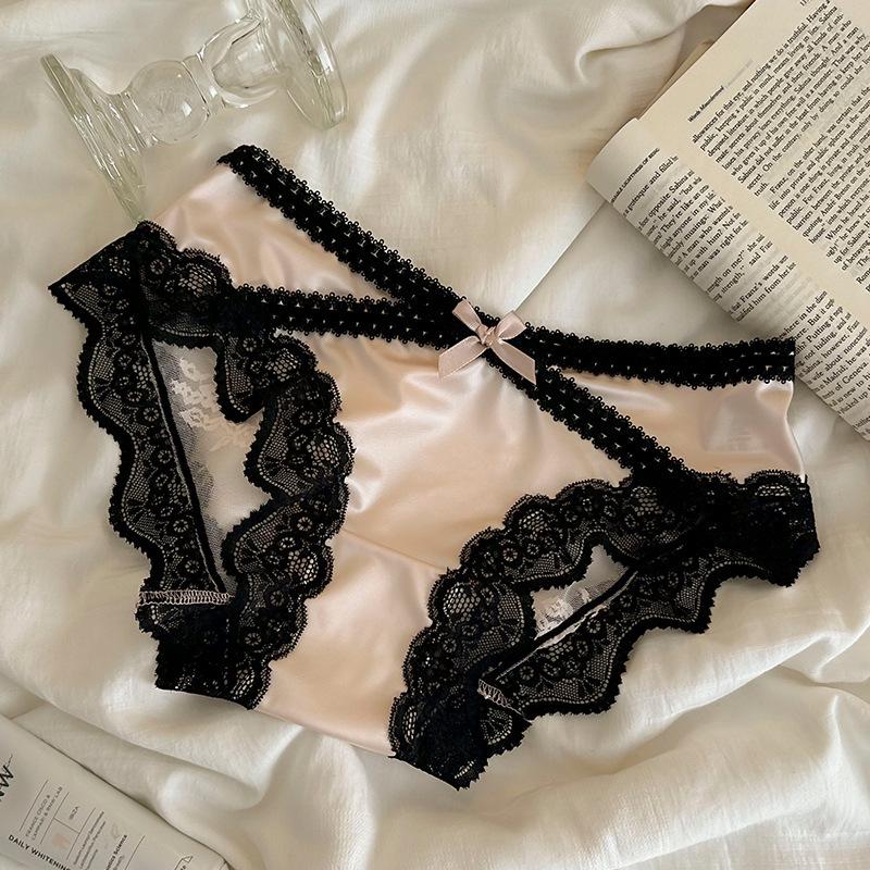 

Elegant Cross-Color Ice Silk Satin Mesh Underwear with Romantic Lace Trim and Cotton Crotch L розовый