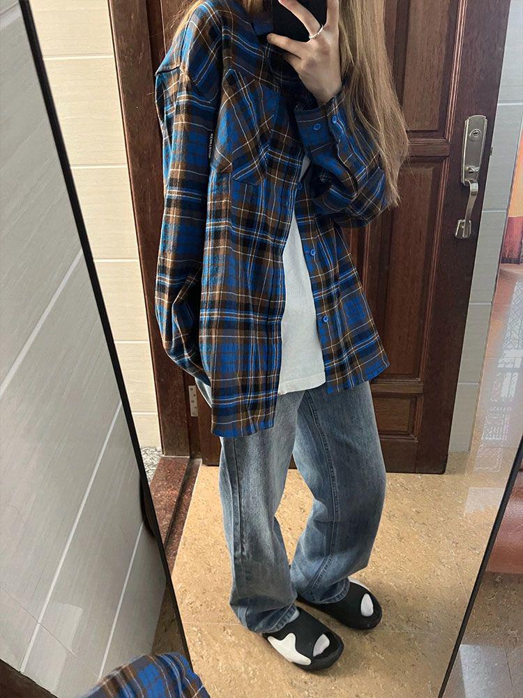 2026 Women's Slim-Fit Blue Plaid Shirt - Retro, Versatile, Summer Sun Protection