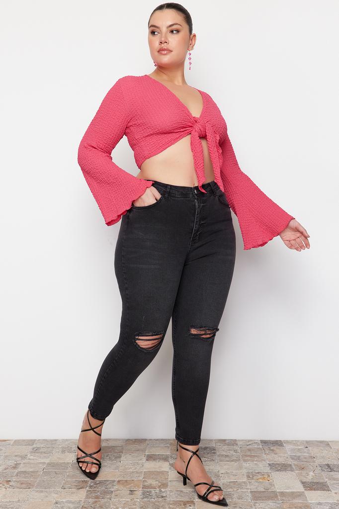 Women's Style Plus Size Dark Blue High Waist Destroy Detailed Stretchy Skinny Jeans