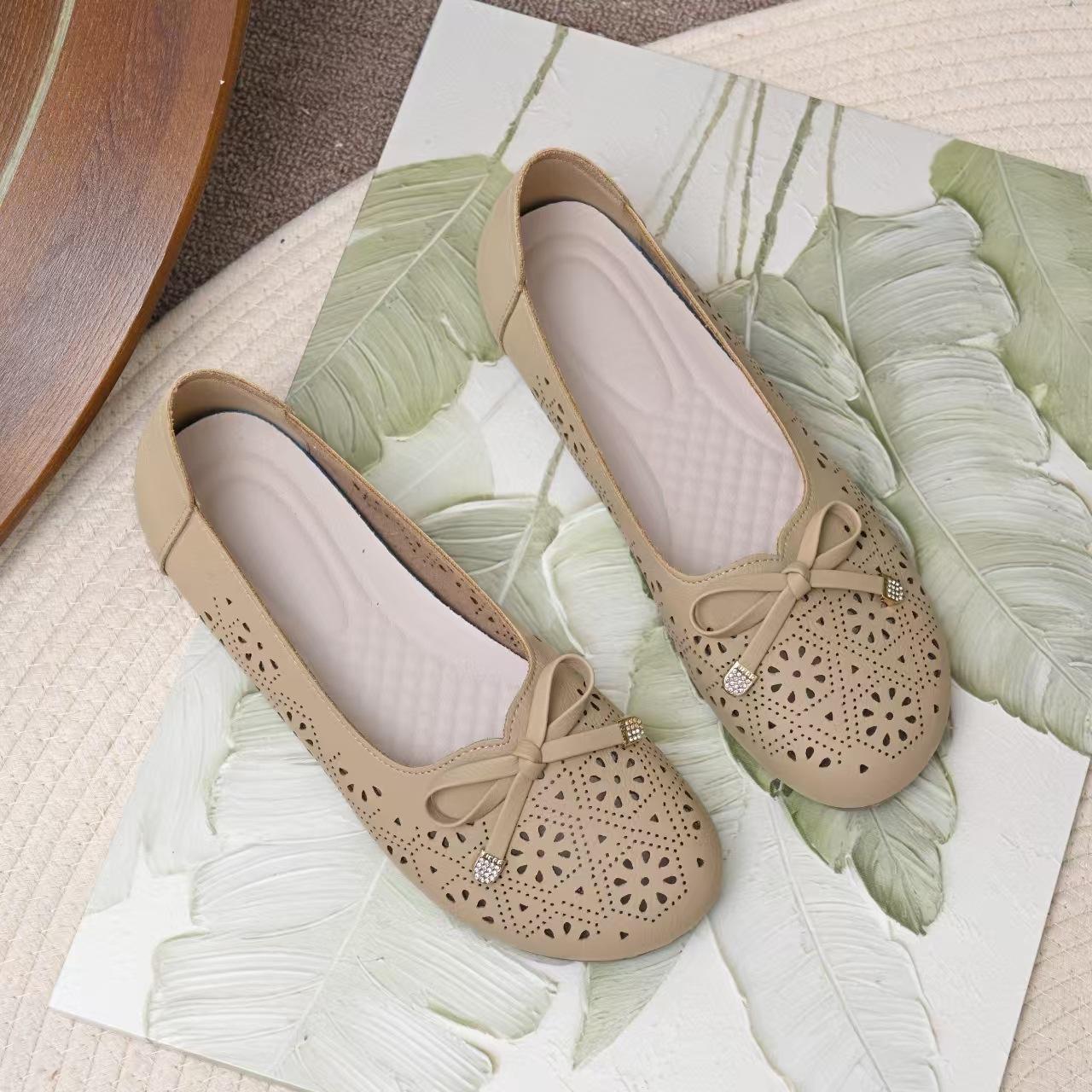 

2025 новые туфли с плоским дном, круглой головкой и мелким горлом, ленивые туфли из говяжьих сухожилий, мягкие туфли с бантом, полые, дышащие туфли Doudou 40 абрикосовый