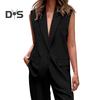 2 Pcs/Set Women Coat Pants Set Lapel Single Button Mid Length Cardigan Sleeveless Jacket Wide Leg High Waist Straight Trousers Lady Formal Commute