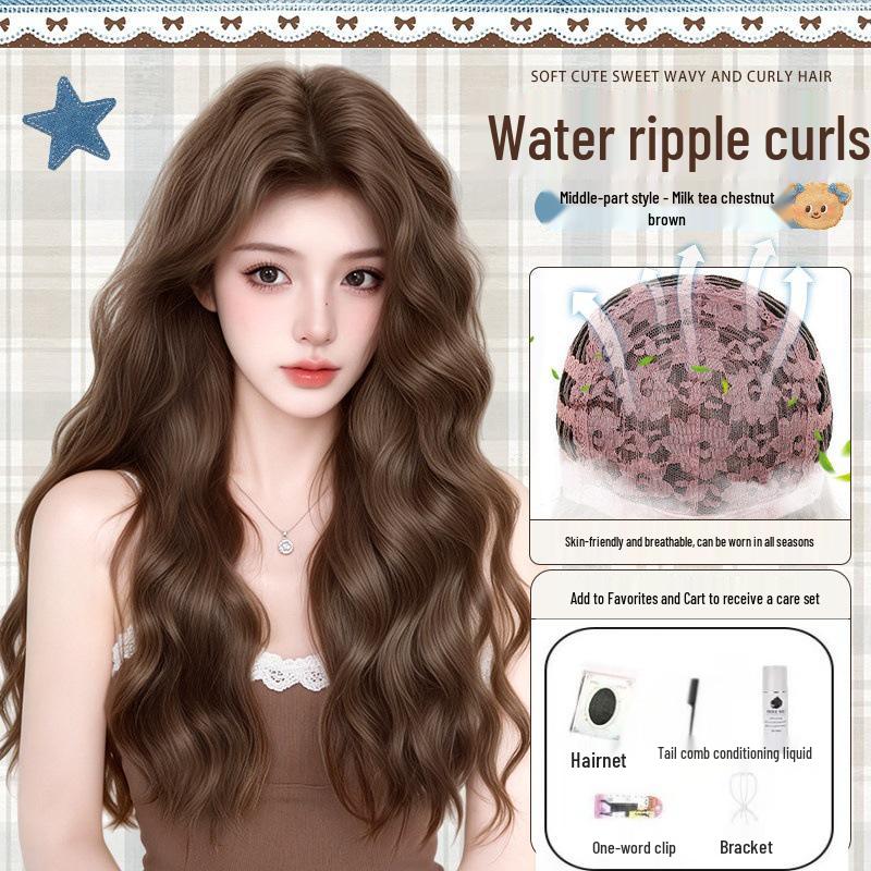 Women's Full Head Wig, Lazy Water Wave Long Curly Hair, Natural Seamless Look, Large Scalp Egg Roll Wig.