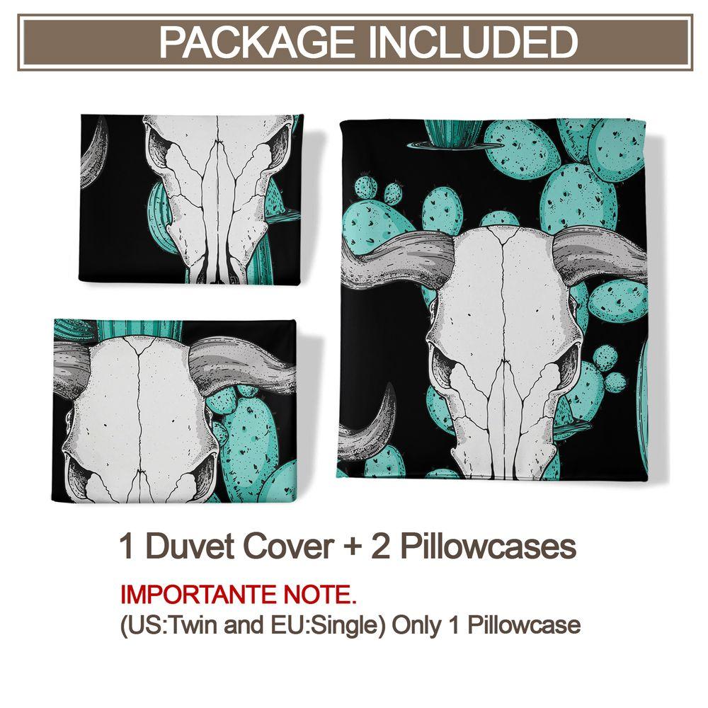 Western Skull Cactus Print Duvet Cover Set(1 Duvet Cover & 1/2 Pillowcase)Boho Style Bedding Set For Bedroom Decor