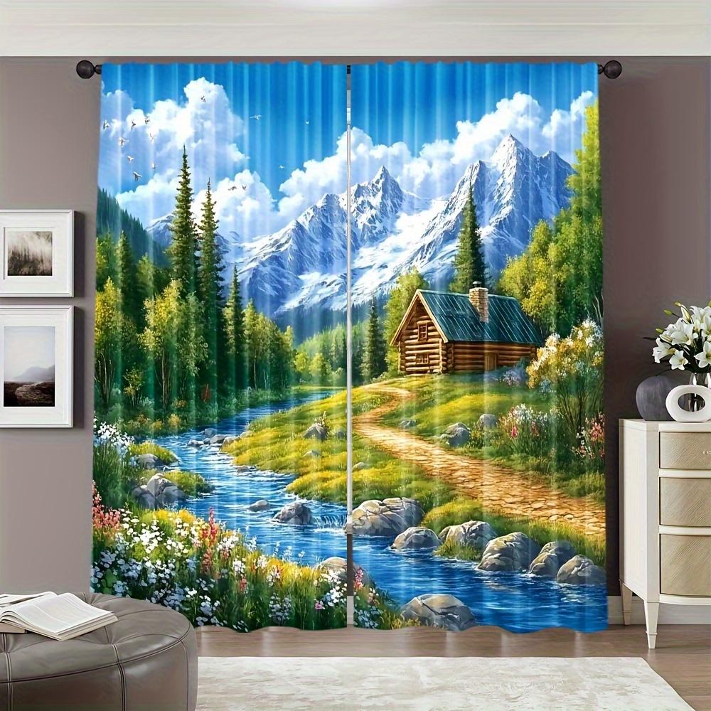 2pcs Blackout Curtains - Scenic Mountain Brook Landscape Print 100% Polyester, Rod Pocket Light Blocking Drapes for Bedroom Livi